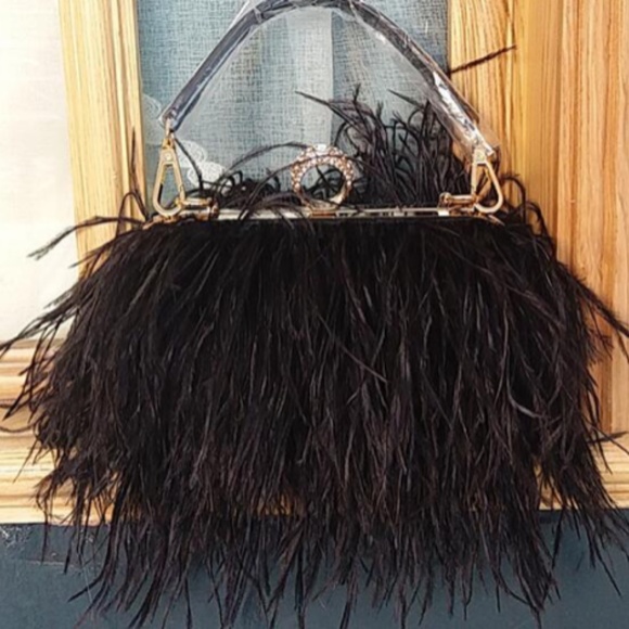 🌸 OSTRICH PURSE FEATHER HARD CLUTCH BAG BOHO CHIC DESIGNER ELITE HANDLE CHAIN - Picture 7 of 12